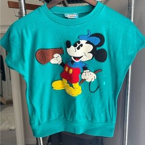 Vintage-Style Teal Mickey Mouse Embroidered Short Sleeve Sweatshirt